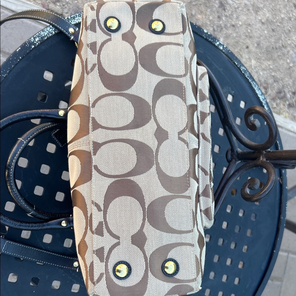 Coach Beige and Dark Brown Signature Canvas Satchel with Gold Hardware - Picture 7 of 7